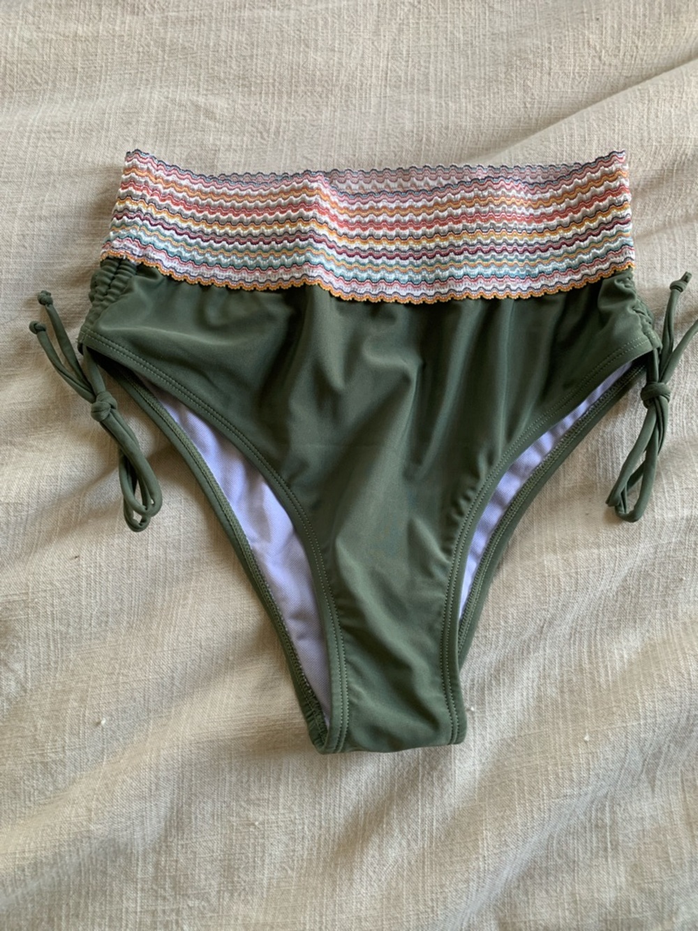 NWOT Sage Green High-Waist Bikini Bottom with Multicolor Smocked Waistband
